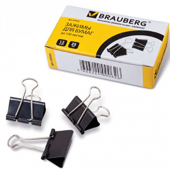 Зажимы для бумаг BRAUBERG, КОМПЛЕКТ 12шт., 25мм, на 100л., черные, в карт.коробке, 220558