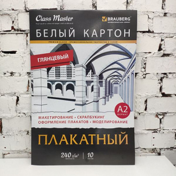 Картон белый БОЛЬШОГО ФОРМАТА, А2 МЕЛОВАННЫЙ, 10 листов, в папке, BRAUBERG, 400х590мм, 124764